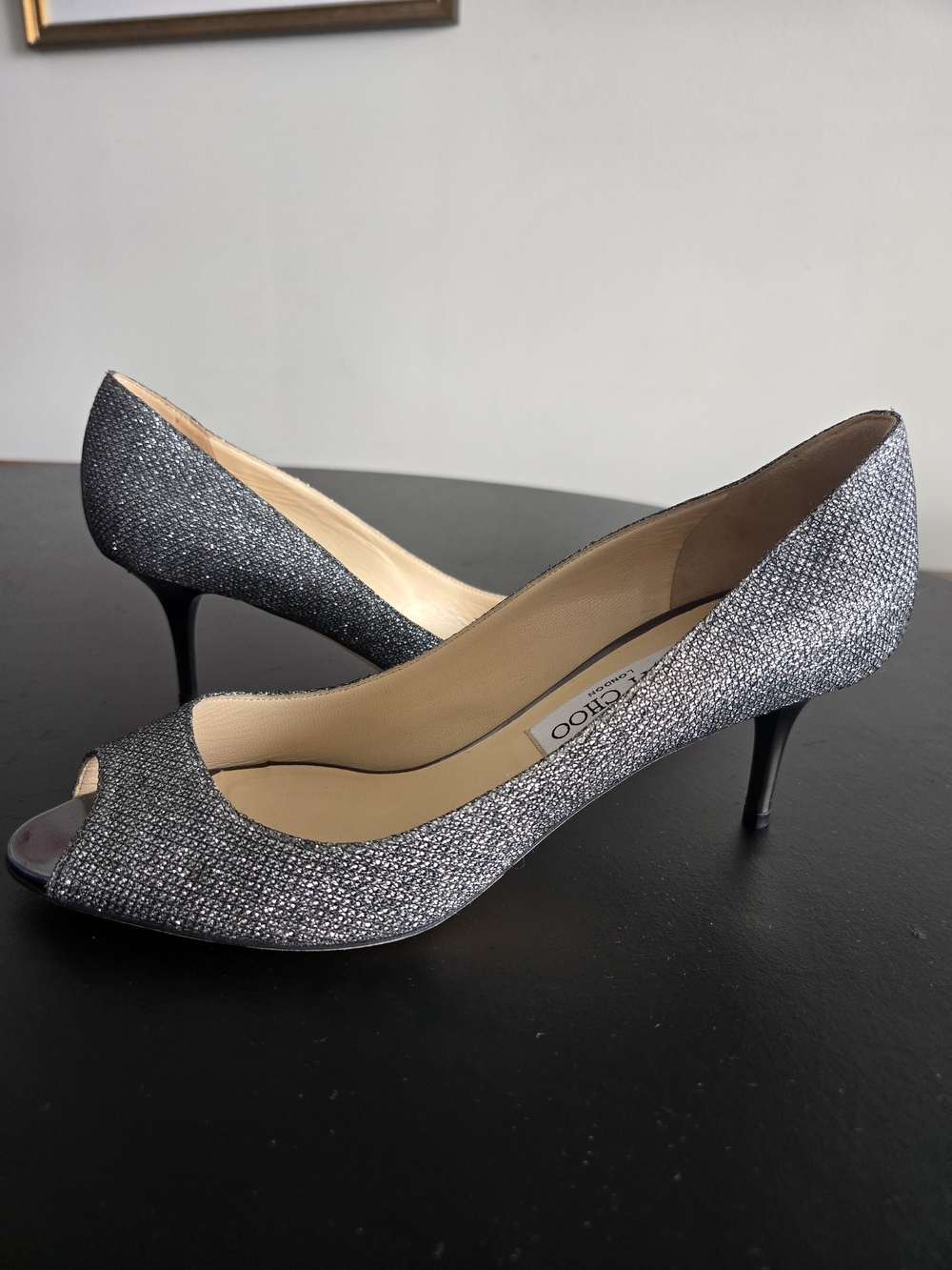 ​Jimmy Choo Silver Metallic Glitter Peep-Toe Pumps - Size 38.5